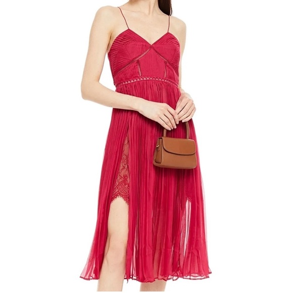 Self-Portrait / fuchsia pleated chiffon midi lace inset dress UK 4 US 0 - Picture 1 of 12